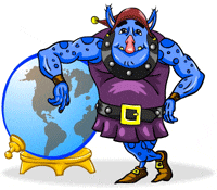 Blue Ogre, a mascot for Story Cove, is leaning on globe, blinking eyes, and scratching left ear.